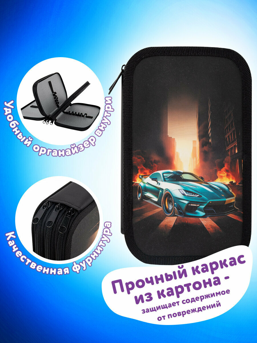 Пенал Юнландия, 3 отделения, картон с эффектом soft-touch, 19х11 см, Fire car, 272267 — фото 1