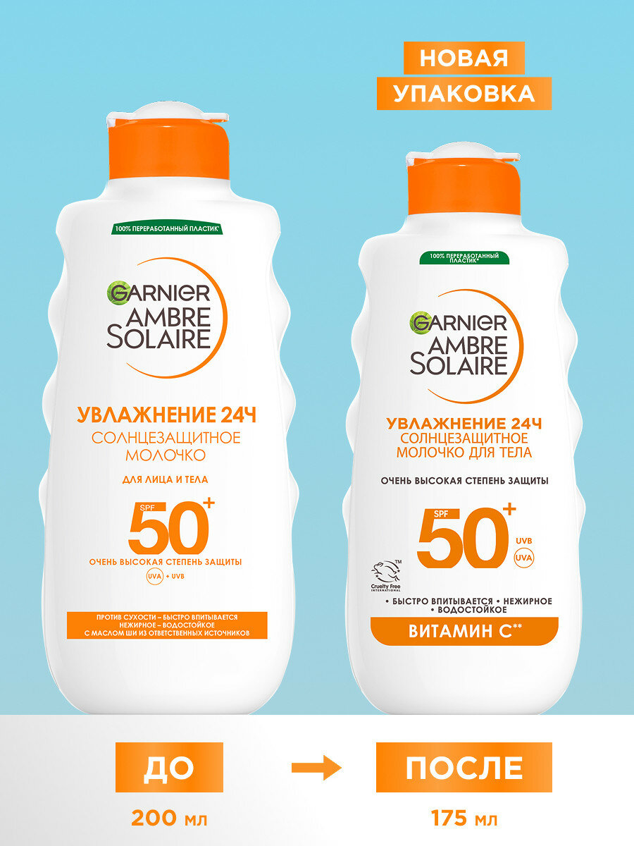 Garnier Солнцезащитное молочко для лица и тела Ambre Solaire, SPF 50+, водостойкое, нежирное, с маслом ши, 175 мл — фото 1