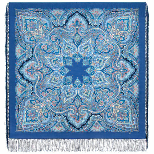фото Платок павловопосадская платочная мануфактура, с бахромой, 125х125 см, голубой, синий