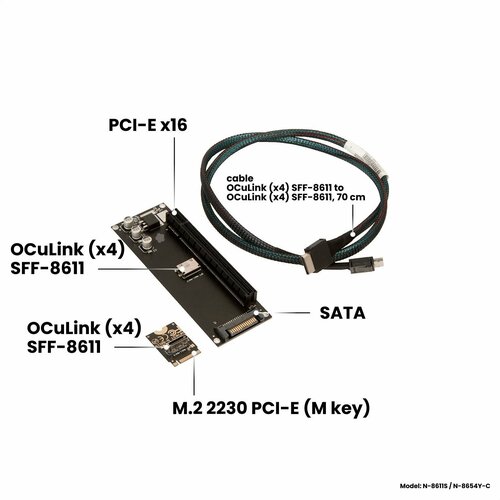 Плата расширения (райзер) M.2 2280 M key на PCI-E х16 с интерфейсным кабелем Oculink (x4) SFF-8611 to SFF-8611, доп. питание ATX 24 pin, черный, NFHK N-8611Y-A/N-P114-A