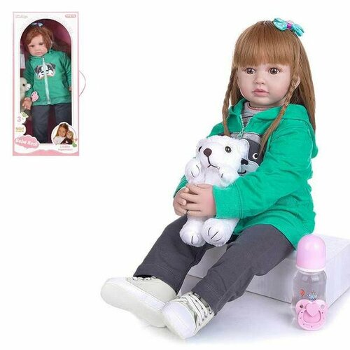 фото Кукла junfa в бирюзовой куртке, кофте с полосками, брюках с плюшевым мишкой 60 см junfa toys