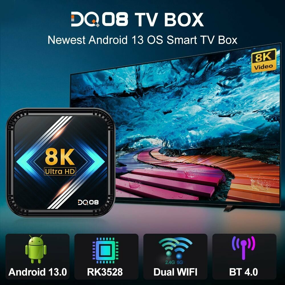 Смарт ТВ приставка DQ08 Rockchip RK3528 Android 13 Поддержка 8K Видео BT40 Двойной WiFi 4/32ГБ Медиаплеер