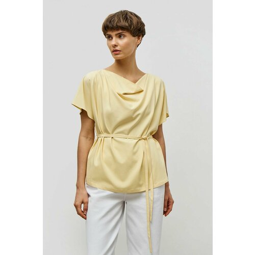 фото Блуза baon, повседневный стиль, свободный силуэт, короткий рукав, без карманов, пояс/ремень, однотонная, размер 50, желтый