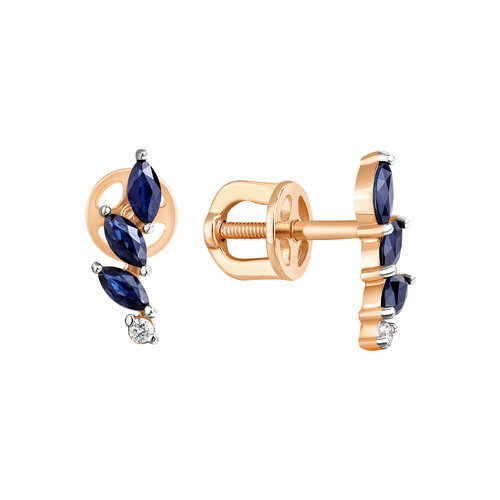 Серьги пусеты АМБЕР, красное золото, 585 проба, изумруд, сапфир, бриллиант, золотой