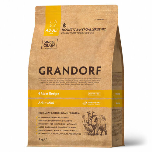 Корм сухой Grandorf 4 вида мяса для взрослых собак мелких пород, 3 кг