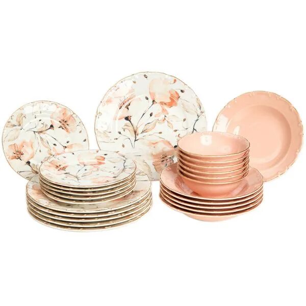 Набор фарфоровых тарелок, Столовый сервиз. Tulu Porselen. 24 предмета на 6 персон. Розовый.
