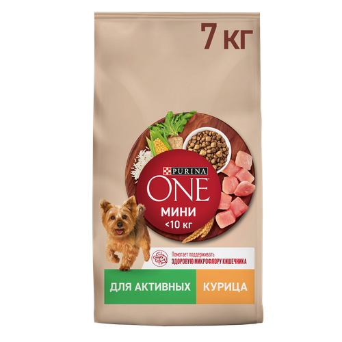 Сухой корм Purina ONE® мини для активных собак мелких пород с курицей и с рисом, 7кг purina® happy корм для курочек несушек развитие комбикорм для яичной птицы предкладка purina® special