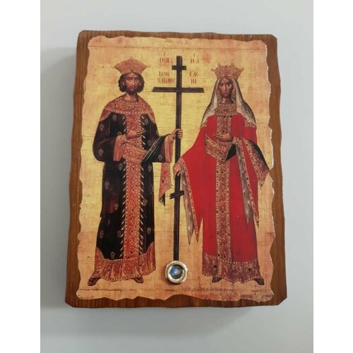 Икона под старину на состаренном дереве с печатью хризмы Святых Константина и Елены, с частицей покровца освященная на мощах. 13см*17см