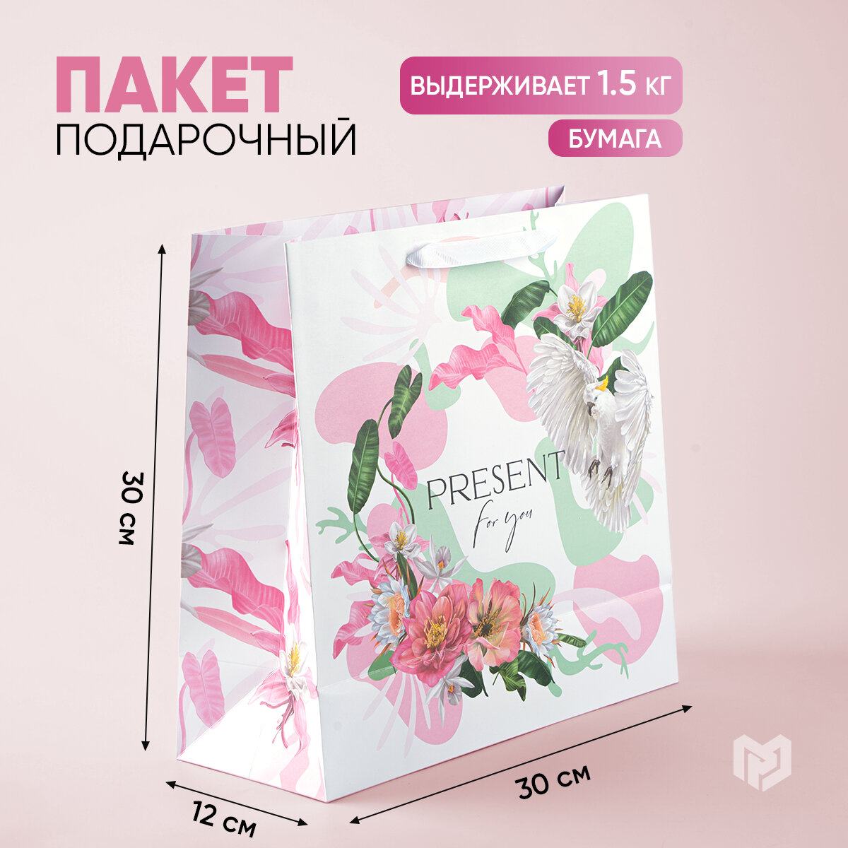 Пакет подарочный ламинированный квадратный «Present for you», 30 × 30 × 12 см