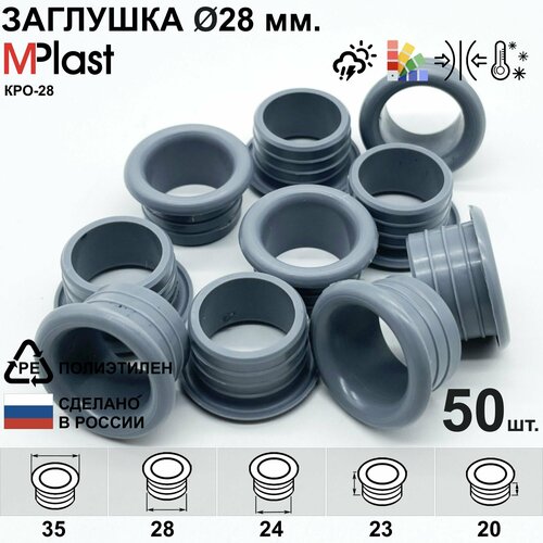 Заглушка круглая 28 мм, с отверстием для кабеля, декоративная, для труб и профилей, пластиковая, мебельная, серая, 50 шт.