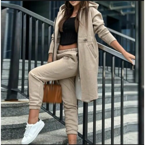 фото Костюм fashion point, худи и брюки, спортивный стиль, утепленный, размер 46-48, бежевый