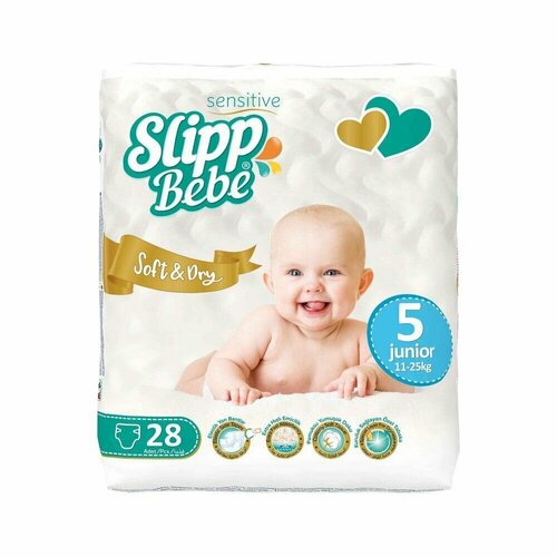 Slipp Bebe Детские подгузники ( 11 - 25 кг), 5 Junior, 28 шт подгузники детские slipp bebe 30 шт подгузники трусики 4 размер от 7 до 18 кг мягкие и дышащие