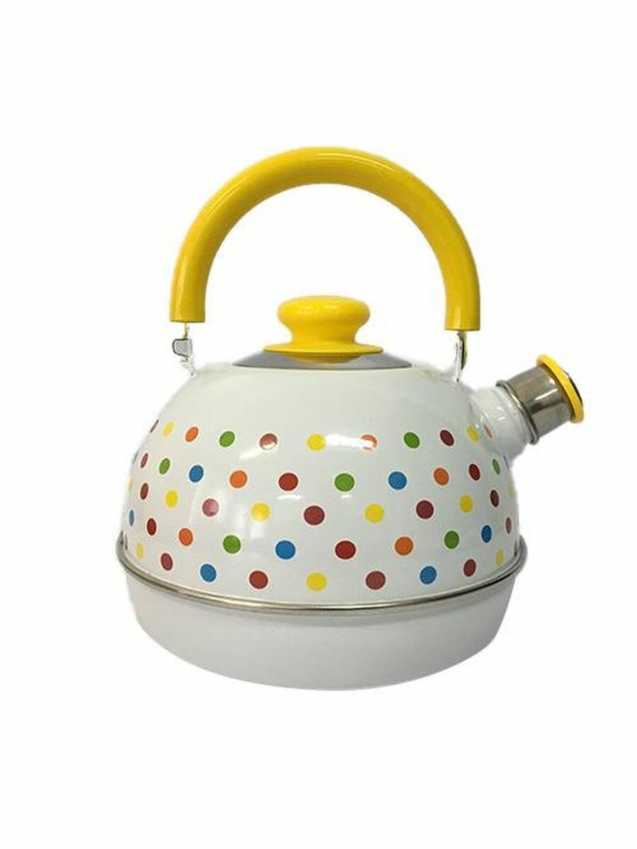 фото Чайник 3,5л (жел. мет. подвиж. ручка) -белый/разноцвет горохи (декор-нерж. сталь) TMM04/35/03/24/H16