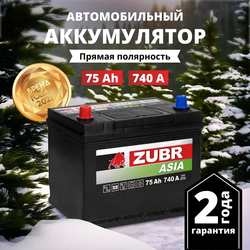 Аккумулятор автомобильный ZUBR Premium Asia (нижний борт) 75 Ah 740 A прямая полярность 261x175x225