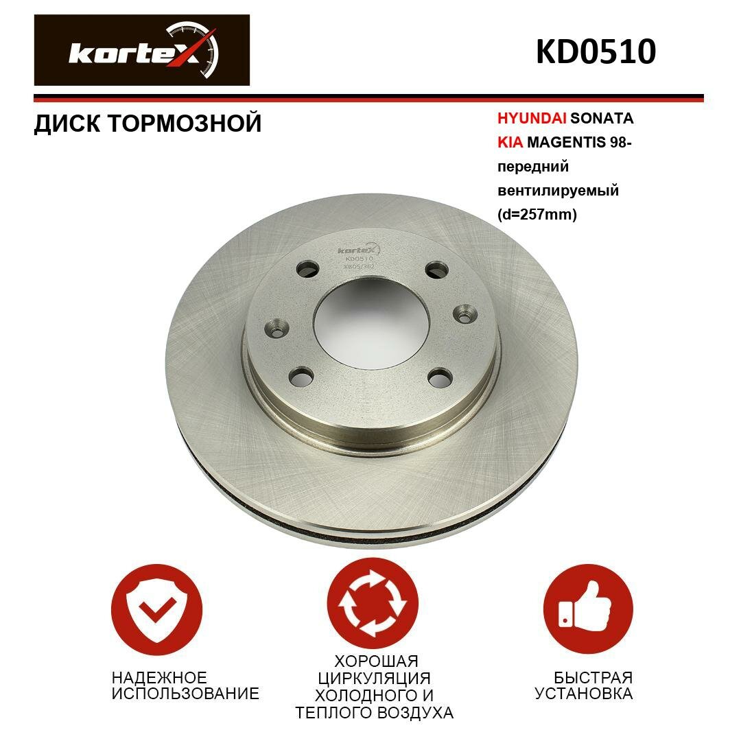 Тормозной диск Kortex для Hyundai Sonata / Kia Magentis 98- перед. вент.(d-257mm) OEM 5171238100 5171238300 517123C000 KD0510 R1001