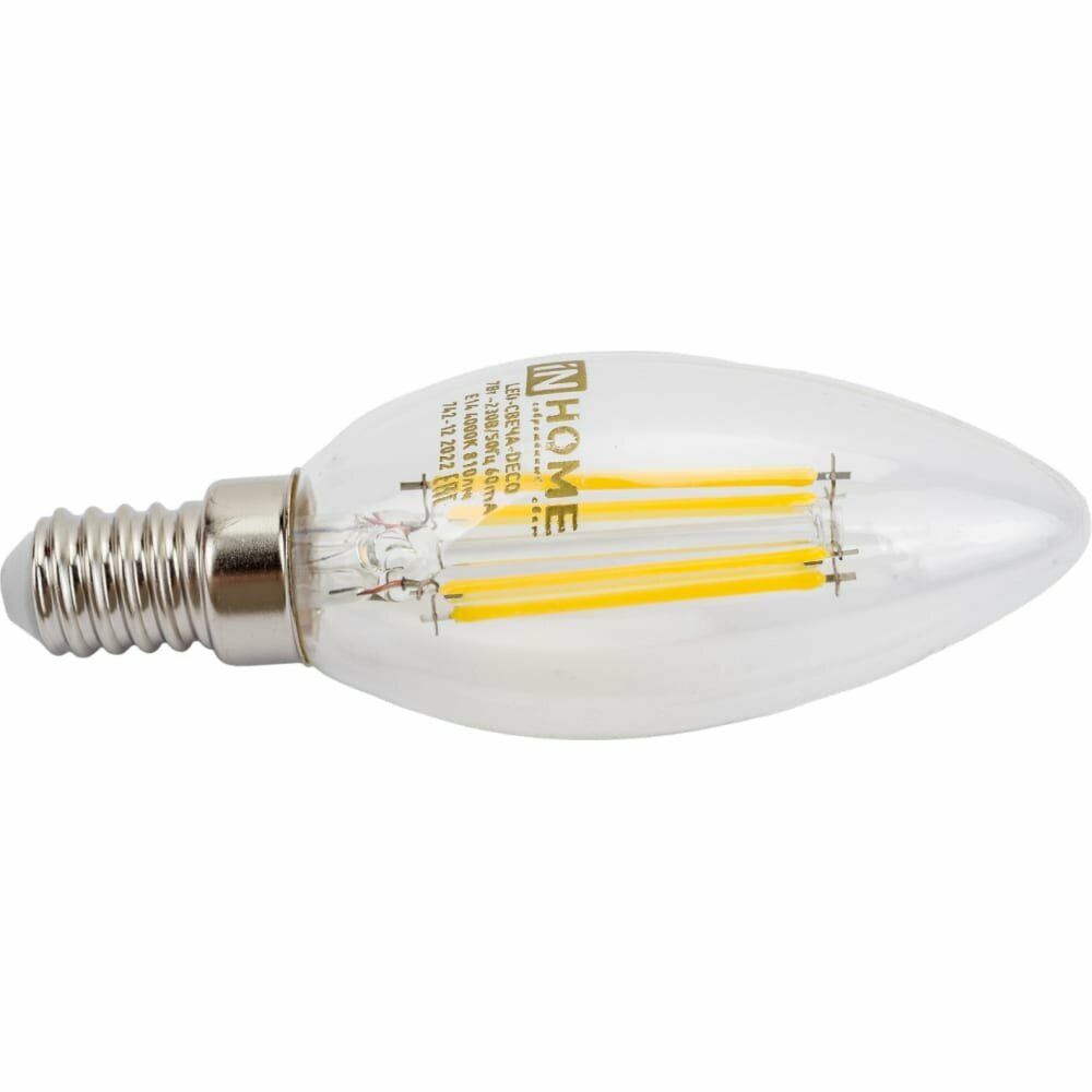 Светодиодная LED лампа свеча нитевидная IN HOME E14(е14) 7W (Вт) 4000K 630lm 100x35 220V filament прозрачная 4690612007618