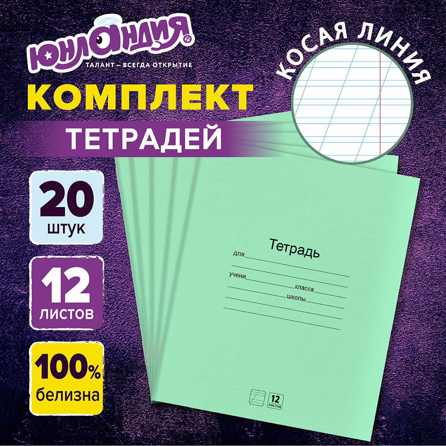 Тетради Дэк 12 л. Комплект 20 шт. с Зелёной обложкой, Юнландия, косая линия, 106743