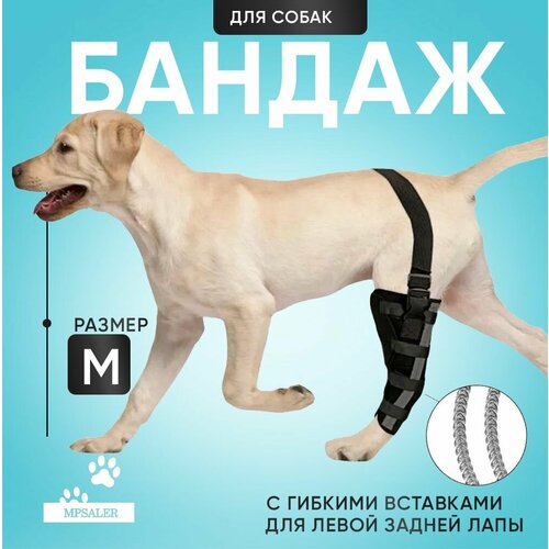 Бандаж для собак на левую заднюю лапу. На коленный сустав, с гибкими вставками, размер M.