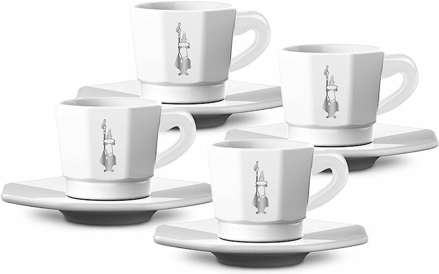 Bialetti RTATZ402 чашки для эспрессо с блюдцами, Set of 4, White