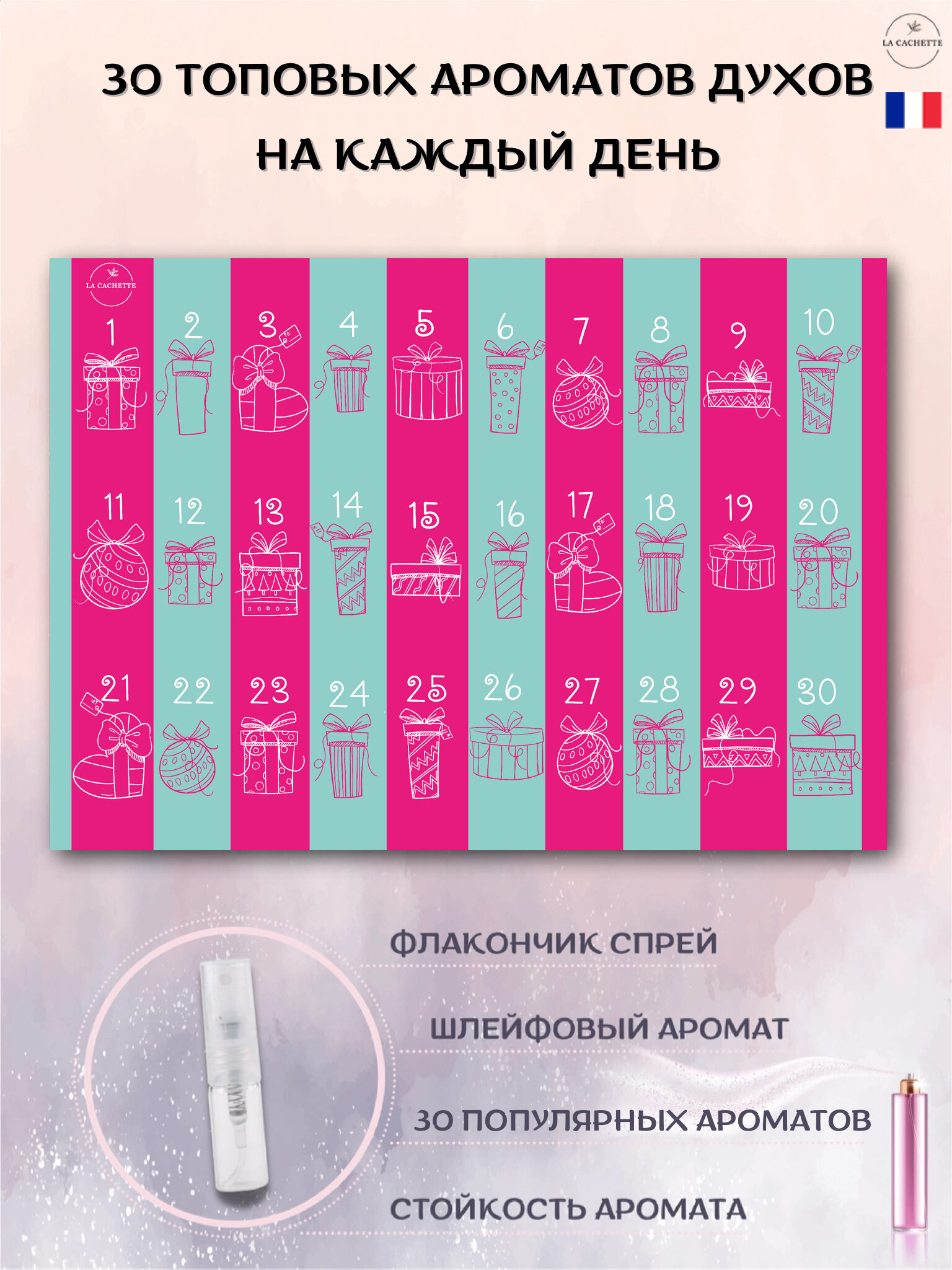 Адвент календарь с парфюмом La Cachette/Адвент-календарь духи по мотивам 30 шт по 2 мл, малиновый