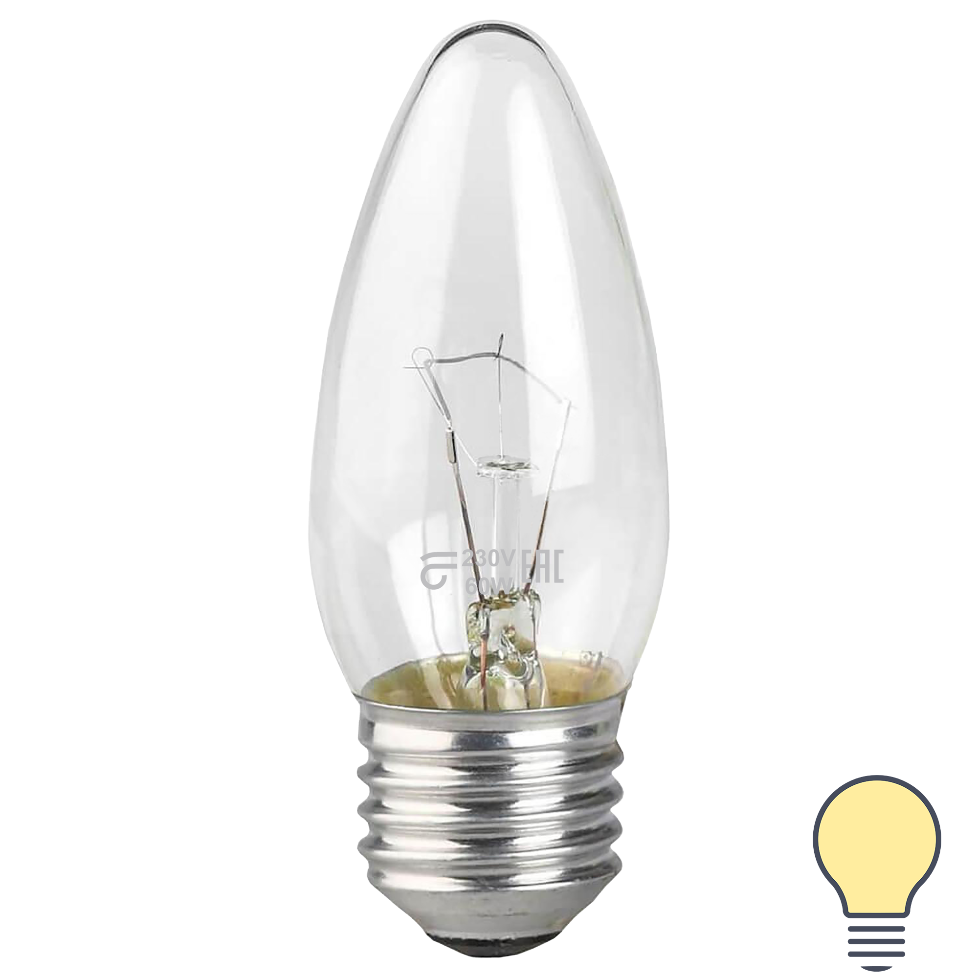 Лампа накаливания E27 230 В 60 Вт свеча прозрачная 660 лм, тёплый белый свет Bellight - фото №1