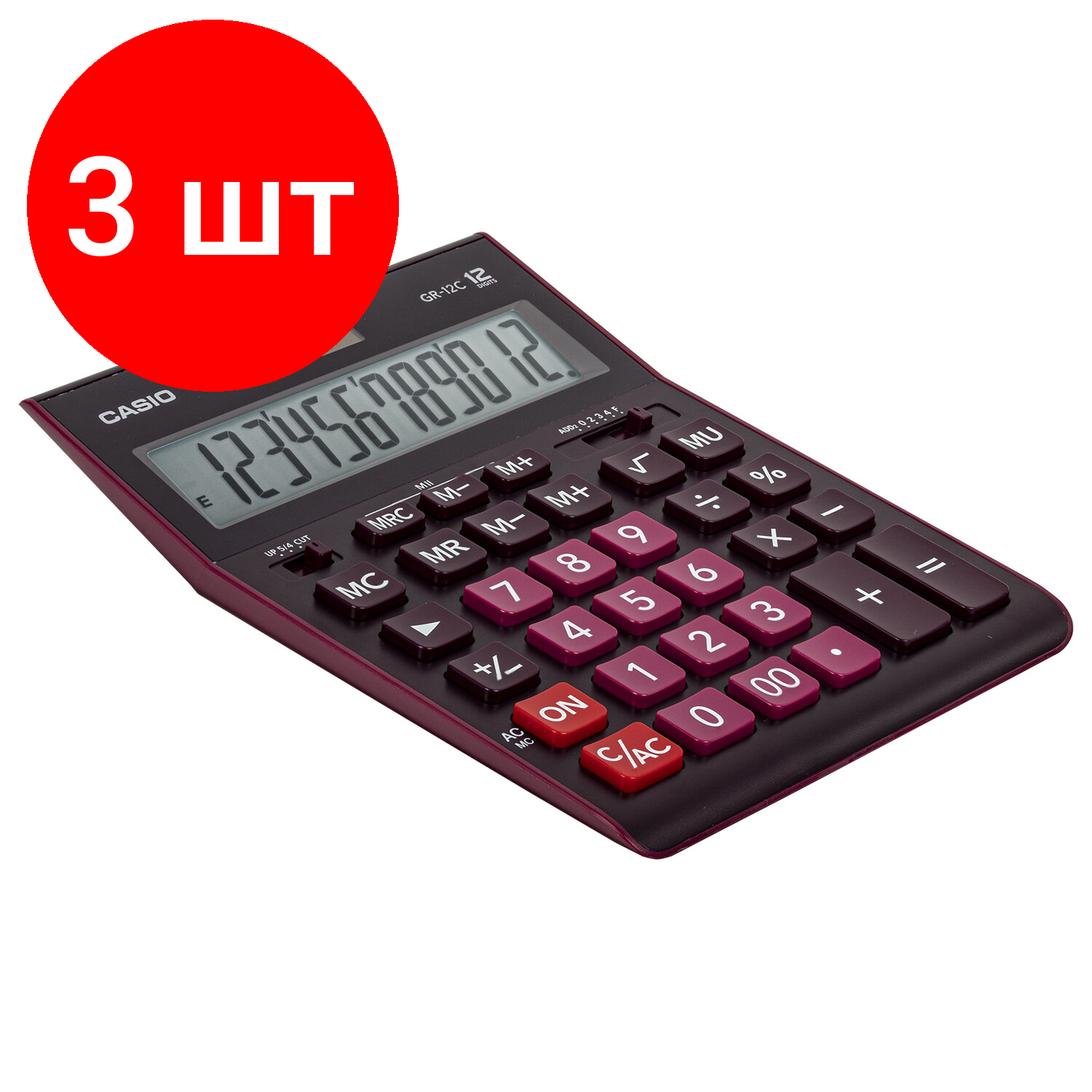 Комплект 3 шт, Калькулятор настольный CASIO GR-12С-WR (210х155 мм), 12 разрядов, двойное питание, бордовый, GR-12C-WR-W-EP