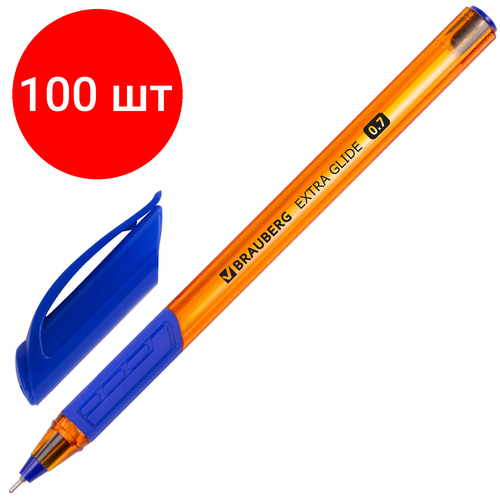 Комплект 100 шт, Ручка шариковая масляная BRAUBERG Extra Glide GT Tone Orange, синяя, узел 0.7 мм, линия письма 0.35 мм, 142923