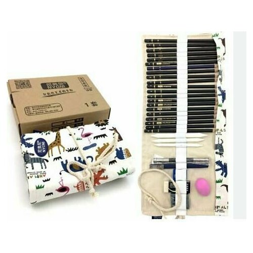 Набор художника 30 предметов для эскизов в тканевом пенале-скрутке на завязках 1200₽