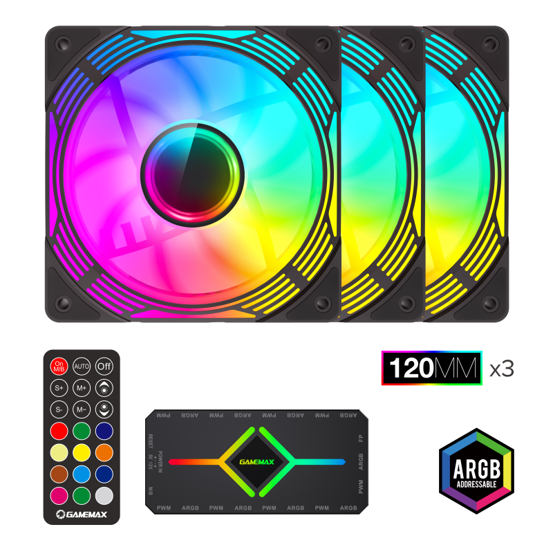 фото Комплект вентиляторов GameMAX KF300 BK 3*12cm ARGB (FN12A-C8I), 4pin PWM Power / 3pin Aura
