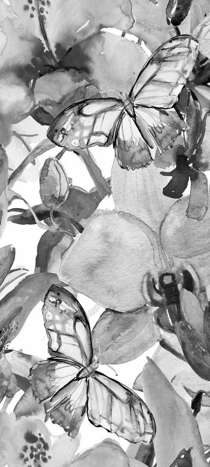 фото Самоклеящиеся фотообои "Акварельные бабочки в цветах", размер: 90x200 см, эффект: черно-белый