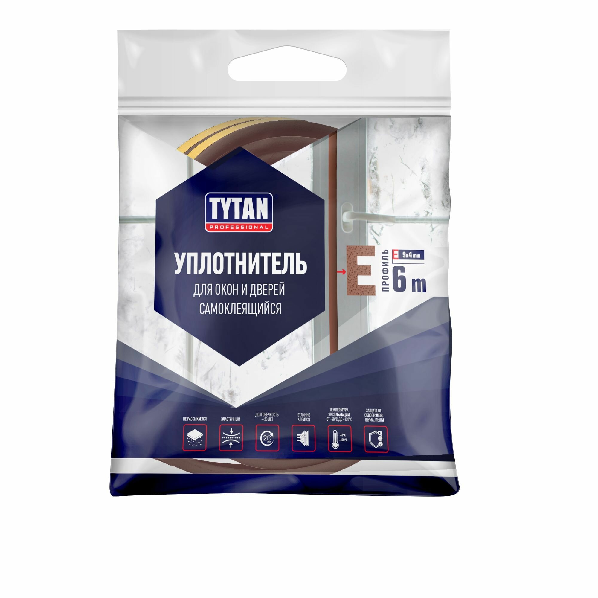 Уплотнитель для окон и дверей самоклеящийся TYTAN Professional Е-профиль 9х4мм , 6м коричневый