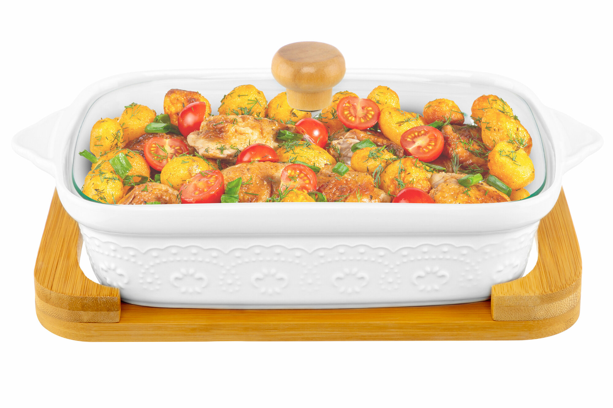 фото Блюдо для запекания и сервировки 1,1 л Elan Gallery Белый узор + стеклянная крышка + дер. подставка