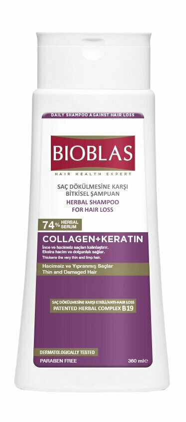 Шампунь против выпадения волос и для придания объема тонким волосам Bioblas Collagen + Keratin Herbal Shampoo for Hair Loss