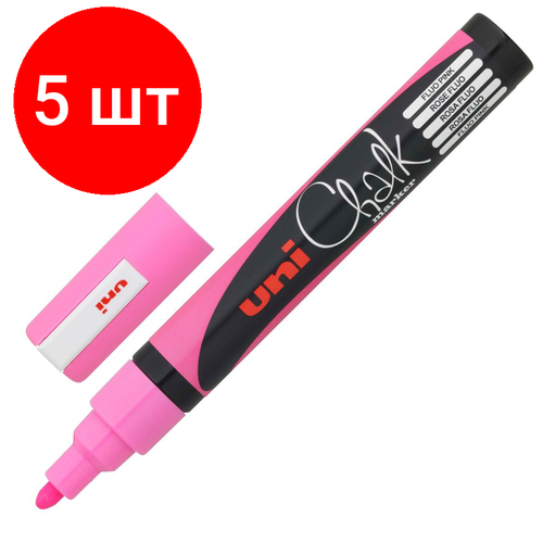 Комплект 5 штук, Маркер меловой UNI PWE-5M, флуоресцентно-розовый, 1.8-2.5 мм. комплект 9 штук маркер меловой uni pwe 5m флуоресцентно розовый 1 8 2 5 мм