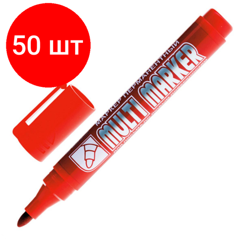 Комплект 50 штук, Маркер перманентный Crown Multi Marker 3-5 мм красный