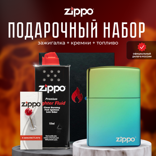Зажигалка ZIPPO Подарочный набор ( Зажигалка бензиновая Zippo 49191ZL Classic High Polish Teal Logo + Кремни + Топливо 125 мл )