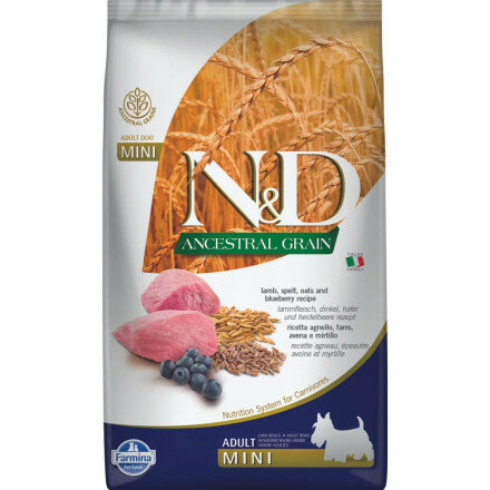 N&D ancestral grain dog ягненок, спельта, овес и черника для взрослых собак mini 2.5 кг