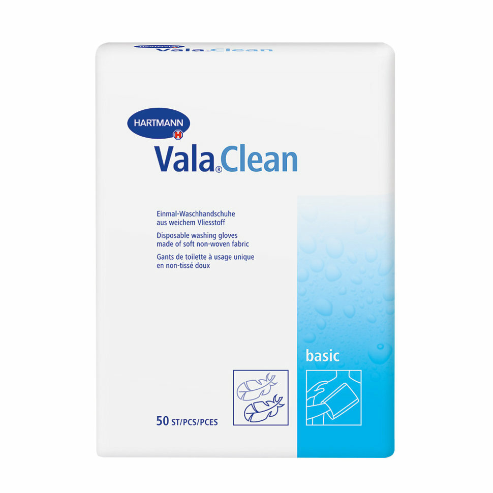 фото Рукавички для мытья больного, одноразовые, Vala Clean Basic, Hartmann (Хартманн) Одноразовые рукавички Vala Clean Basic, 50 шт, Hartmann (Хартманн).