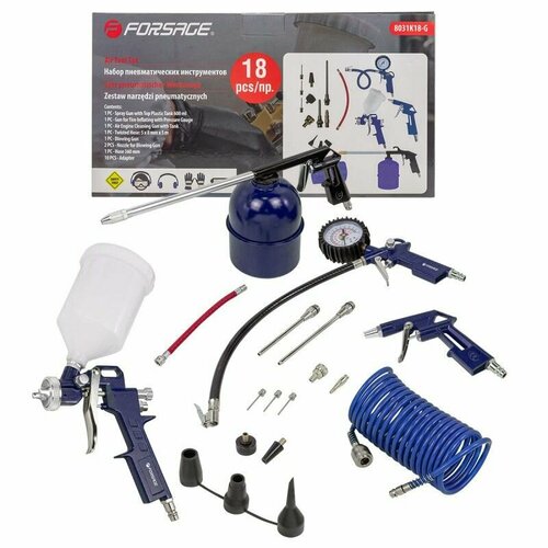 Набор пневмоинструмента 18пркраскопульт-сопло 15мм обдувочник-сопла 110140мм подкачка10 адаптеров и 1 шланг для подкачки промывка шланг 5м 357500₽