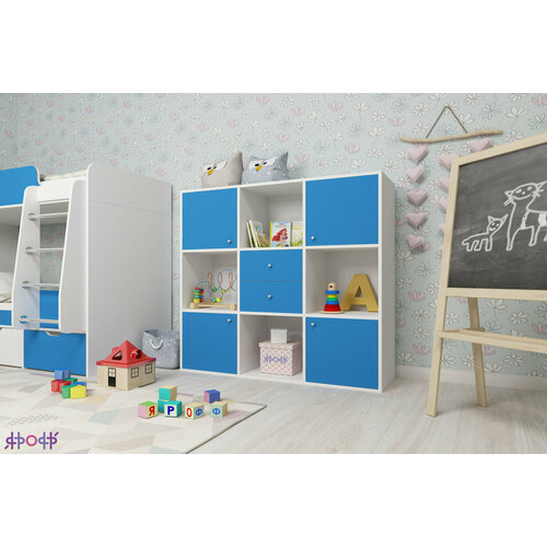 Детский стеллаж Джери Ярофф, белое дерево / голубой