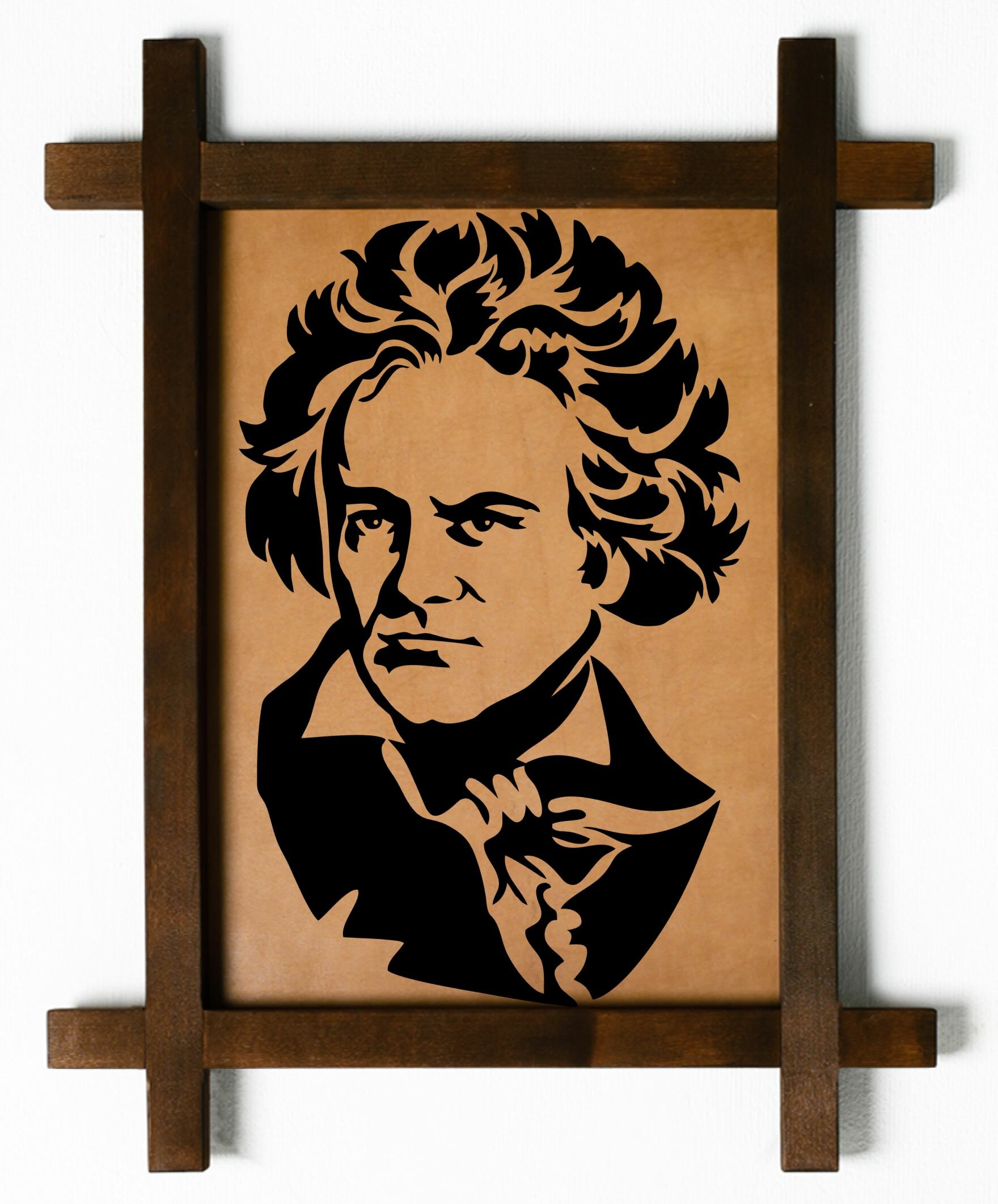 Картина Людвиг ван Бетховен, гравировка на натуральной коже, интерьерная для украшения и декора на стену в деревянной раме, подарок, BoomGift