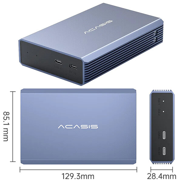 Внешний бокс для 2х накопителей 25" ACASIS Dual Bay Alum USB Type-C SATA (до 16 Tb RAID 0 1 SPAN 5 Gbps)