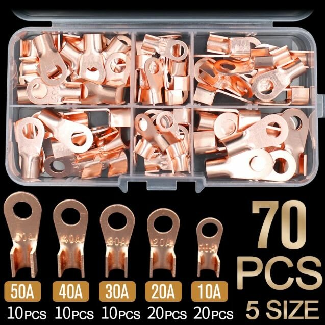 Медные клеммы обжимные, для проводов типа от 10 А, 20 А, 30 А, 40 А, 50 А 70 шт / кольцевые медные наконечники в кейсе/ кабельные зажимы