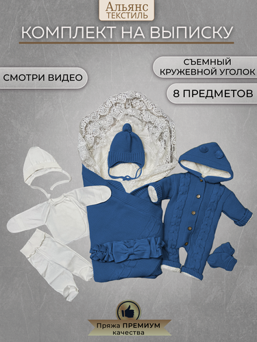 Изображение товара Конверт для новорожденного комплект вязаный 8 предметов на выписку вязаный В роддом подарочный синий
