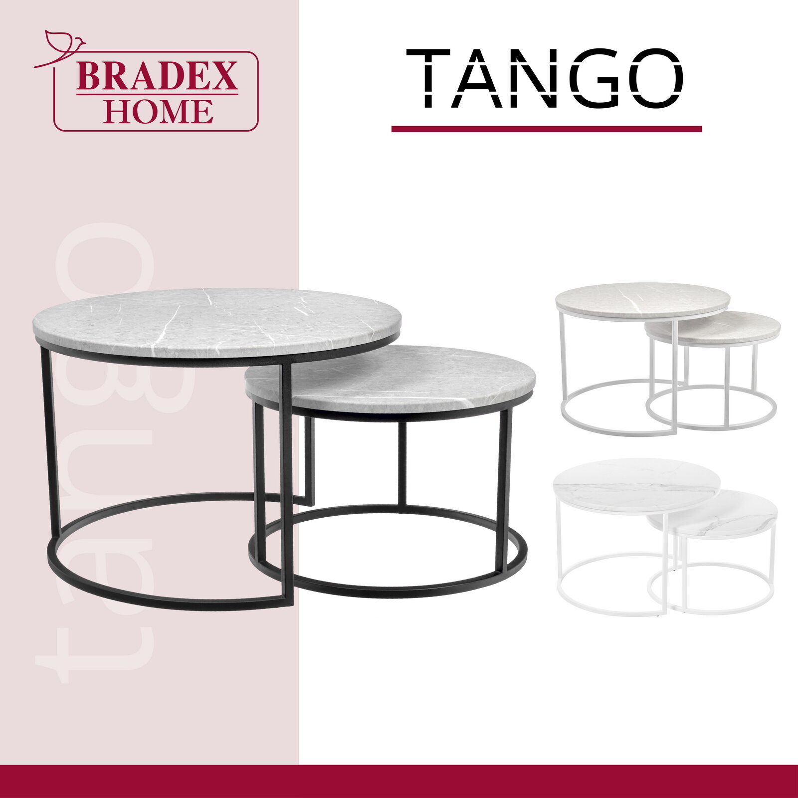 Комплект журнальных кофейных приставных столиков Tango 2 шт МДФ светло-серый мрамор с черными ножками металл