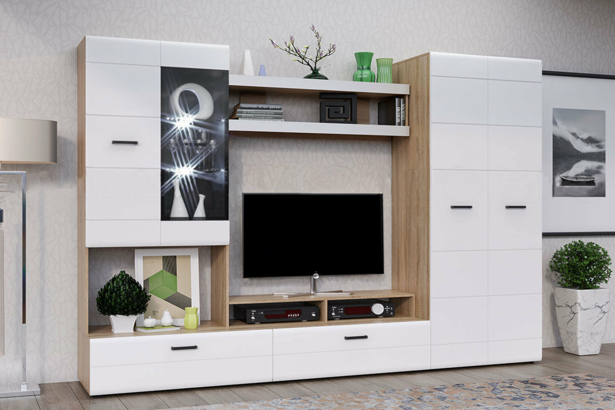 фото Стенка Миф Нэнси NEW Вариант №4 белый глянец / сонома 280х52х217 см