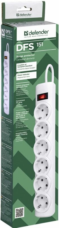 Сетевой фильтр DEFENDER DFS 151 1,8м White (99489), официальная гарантия — фото 1