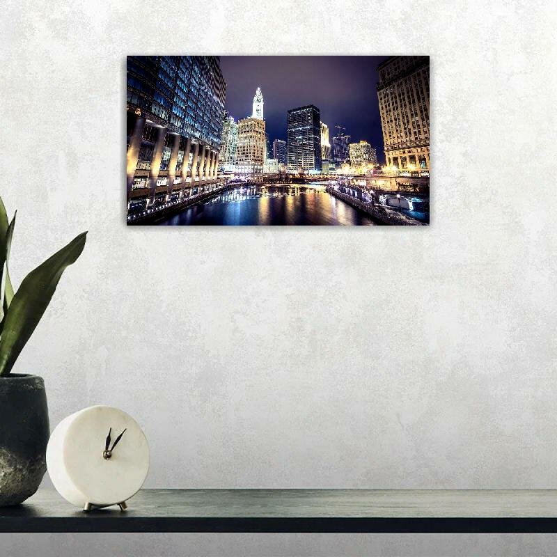 Картина на холсте 60x110 LinxOne "Небоскребы город Чикаго река" интерьерная для дома / на стену / на кухню / с подрамником