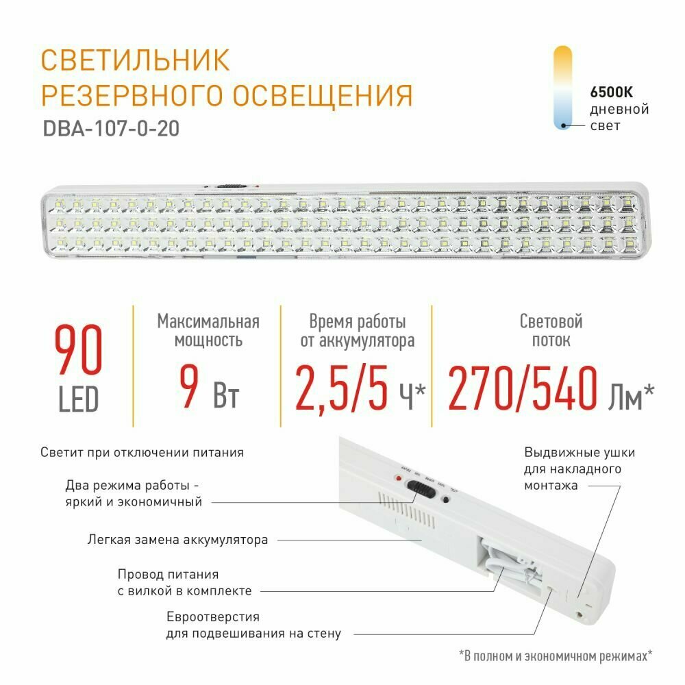 Светильник аварийный ЭРА светодиодный автономный DBA-107-0-20 ЭРА 90LED 4ч IP20