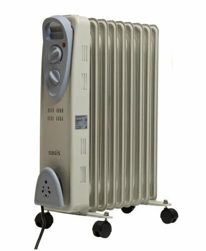 Масляный радиатор Oasis US-20, 2 кВт, 20 м², колеса в комплекте, серый